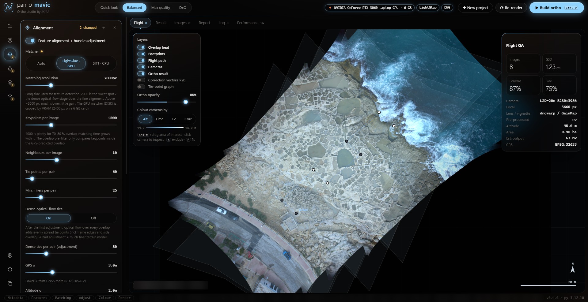 The pan-o-mavic Studio: settings drawers on the left, an orthomosaic of the Maltese salt pans over the flight map, and the flight check panel on the right